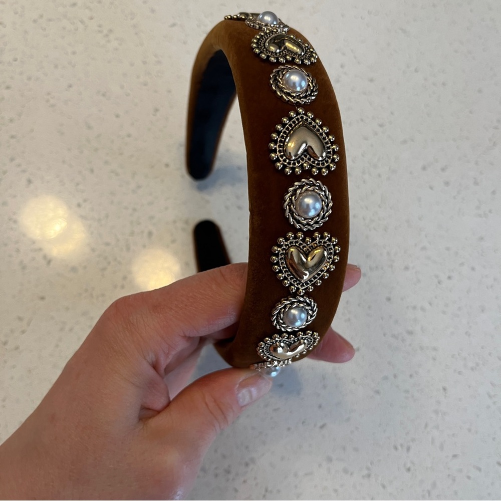 Elegant Brown velvet Headband with heart shaped Gold Accents - Picture 6 of 11